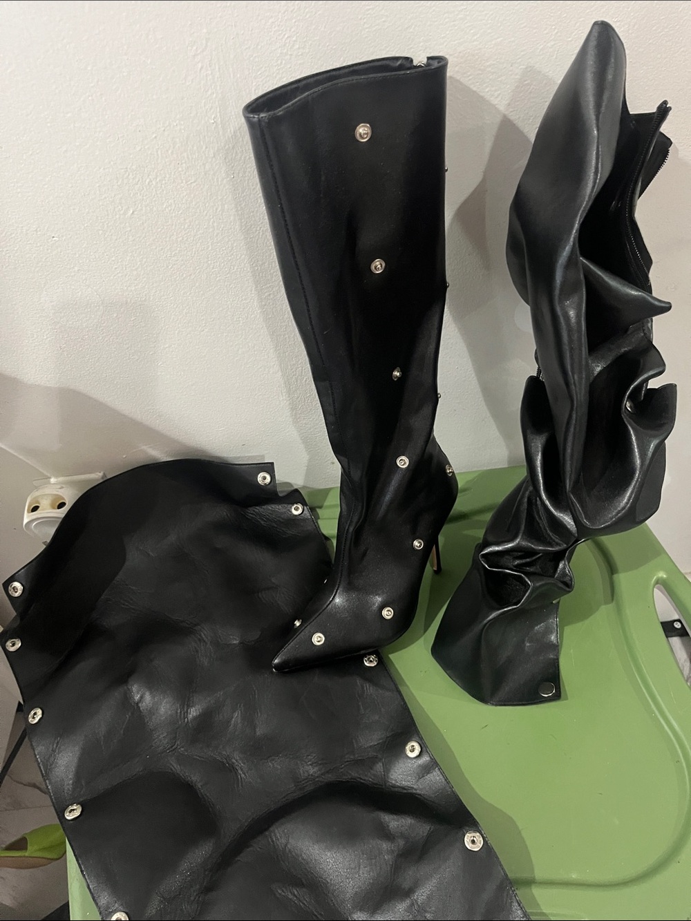 Black Studded Knee-High Stiletto Boots - Women